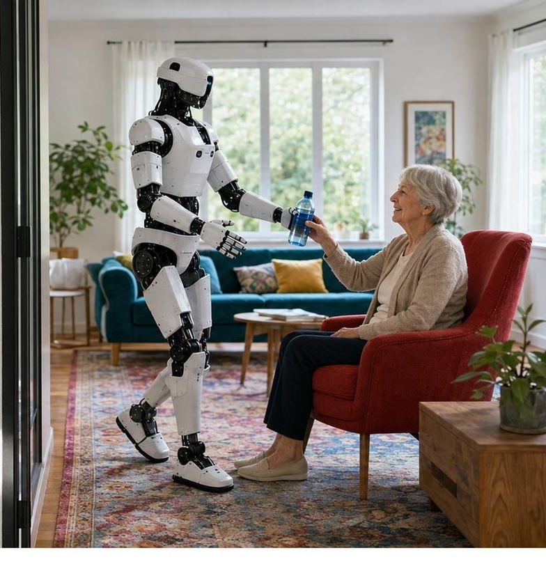 Robot handing a bottle of water to an elderly woman at home
