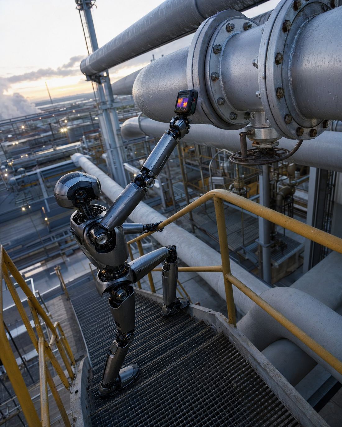 Robot taking thermal readings on refinery pipes