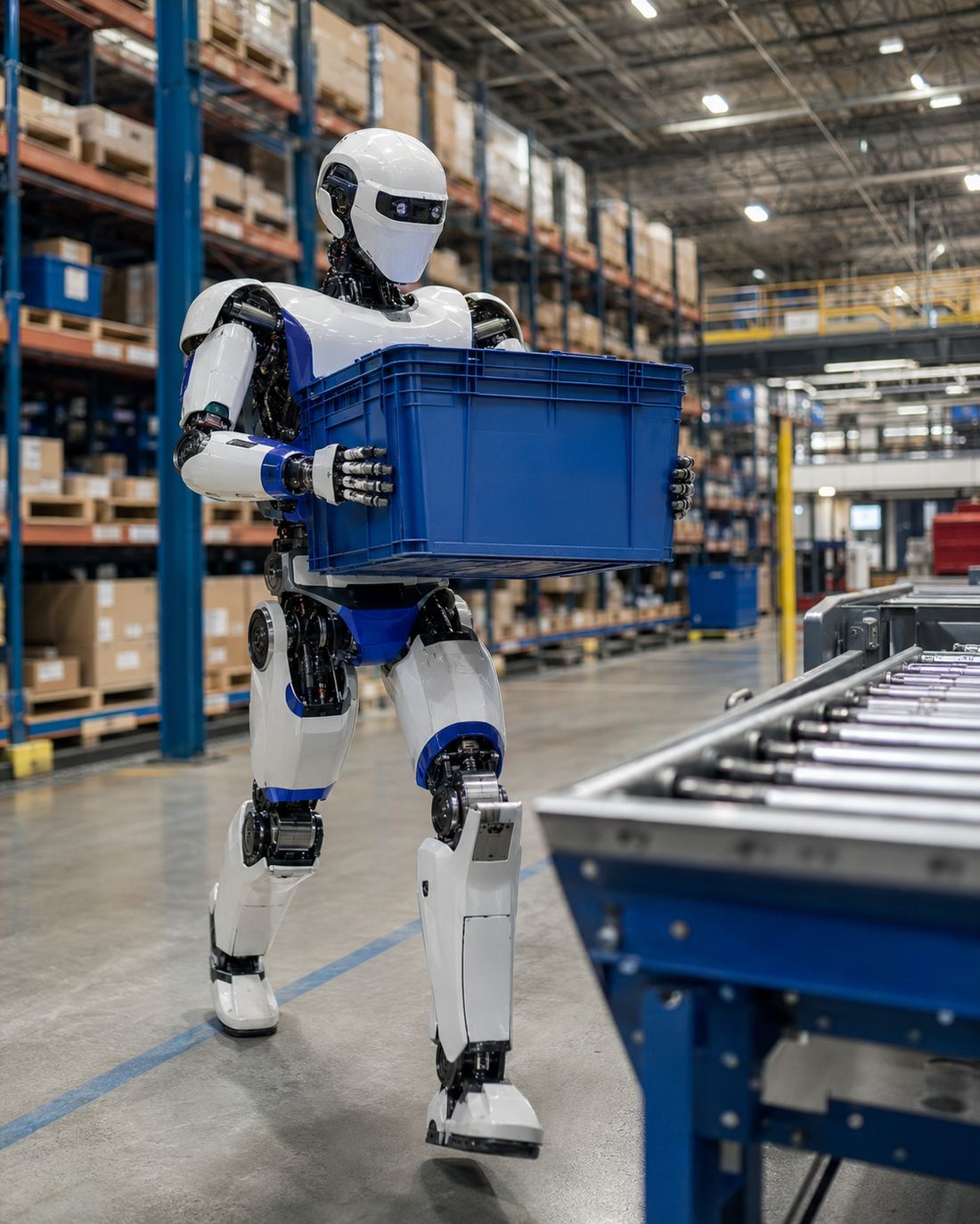 Robot carrying a blue crate through a warehouse