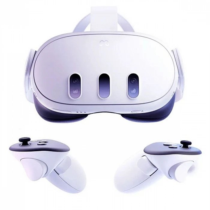 A consumer VR headset with two standard controllers on a white background