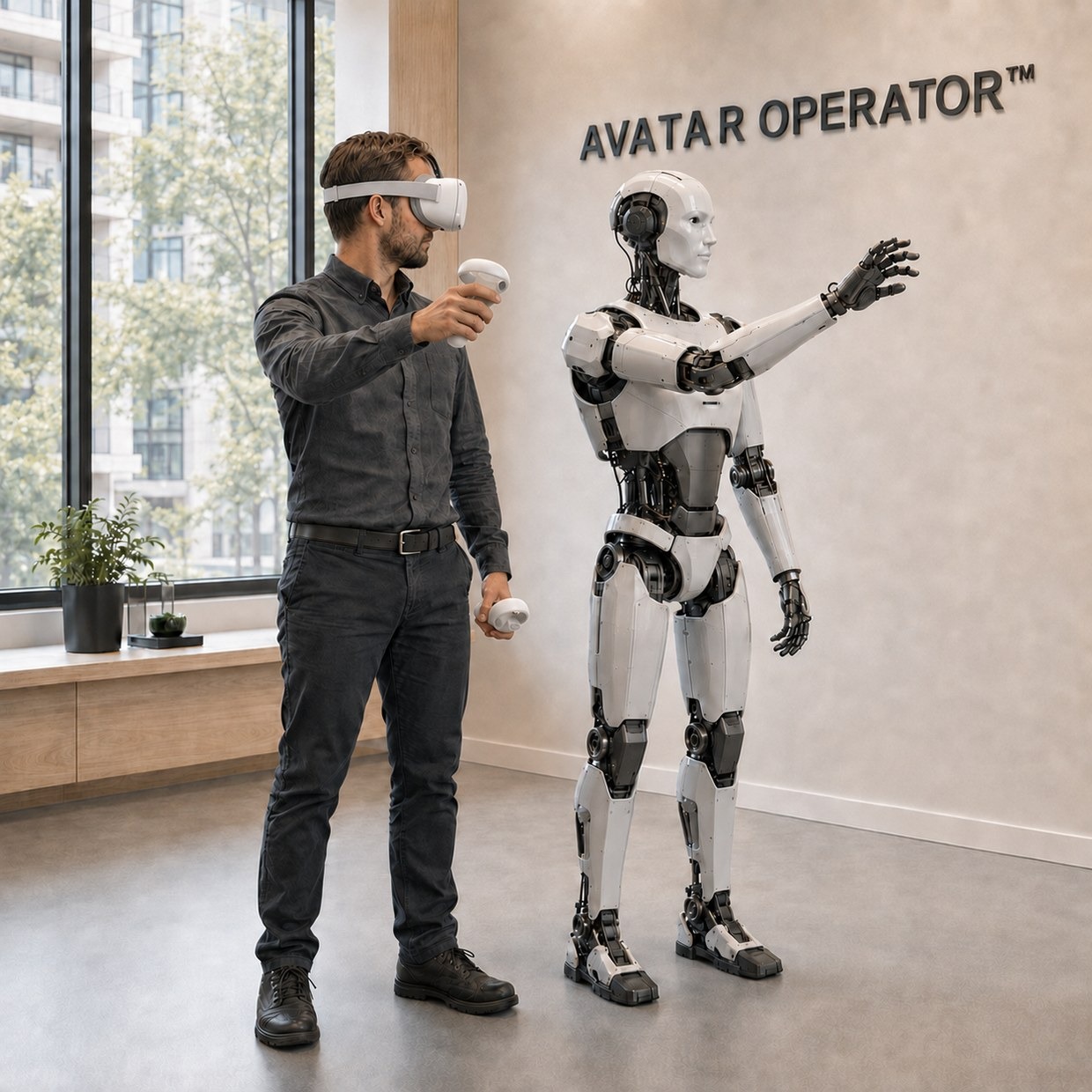 An operator controls a robot through a VR headset