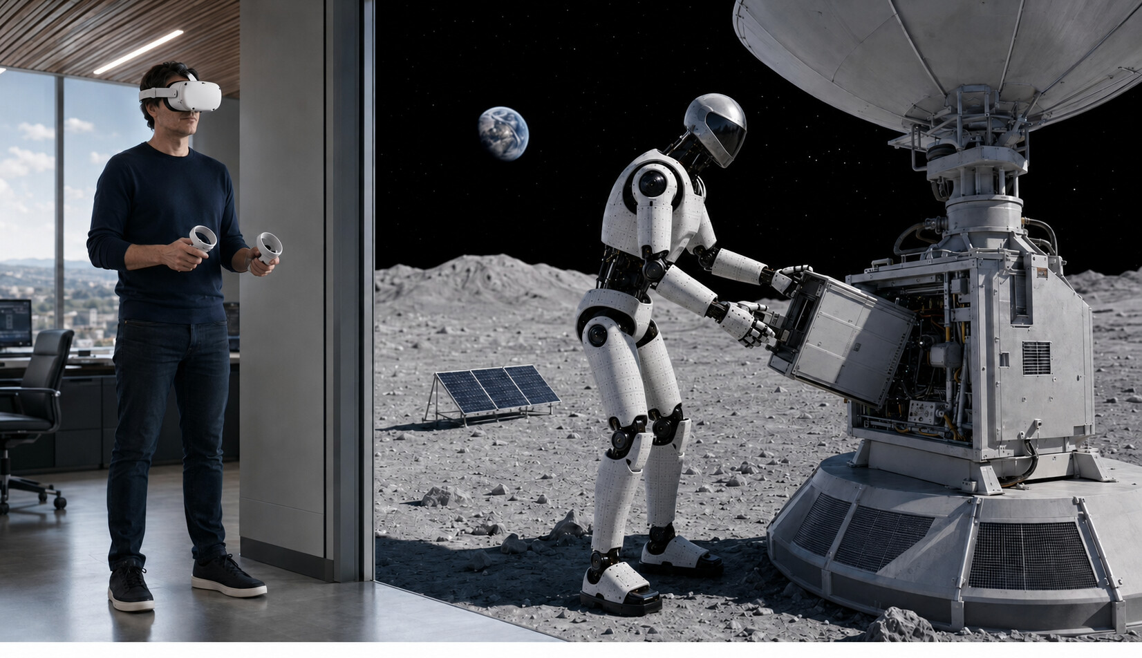 An operator controls a robot working on the lunar surface